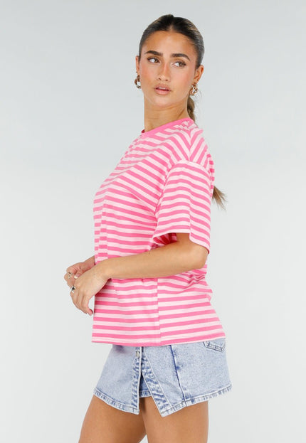 NEW290426 Roze Gestreept T-shirt met Korte Mouwen