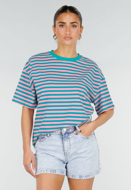 NEW290426 Roze Turquoise Gestreept T-shirt