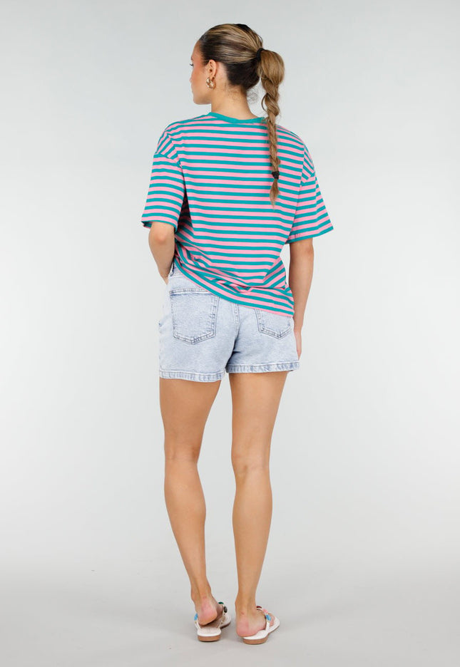 NEW290426 Roze Turquoise Gestreept T-shirt