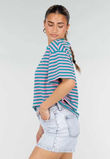 NEW290426 Roze Turquoise Gestreept T-shirt