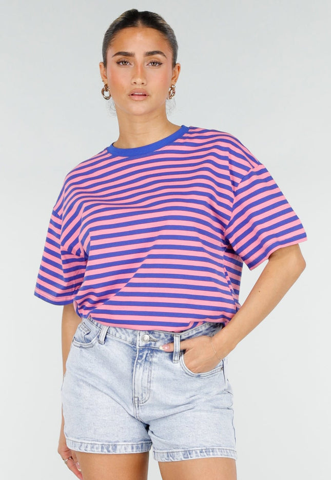 NEW290426 Blauw Roze Gestreept T-shirt