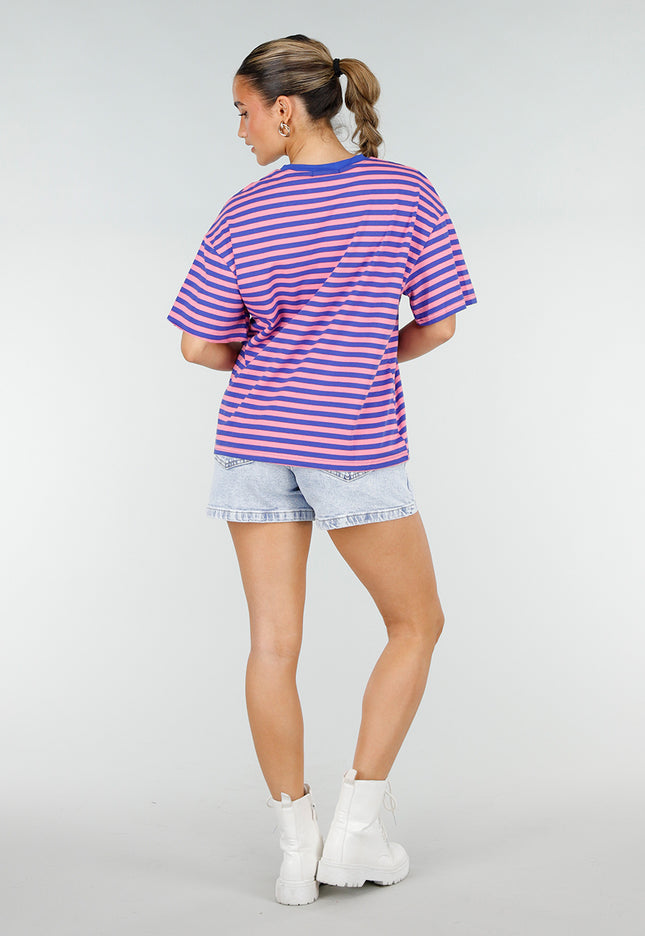 NEW290426 Blauw Roze Gestreept T-shirt