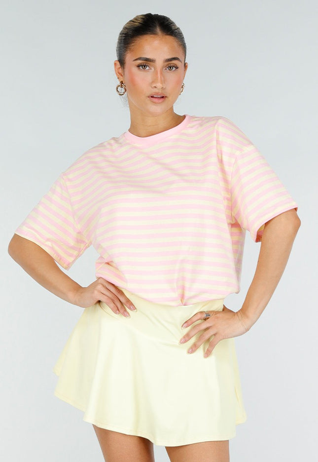 NEW290426 Roze Geel Gestreept Oversized T-shirt