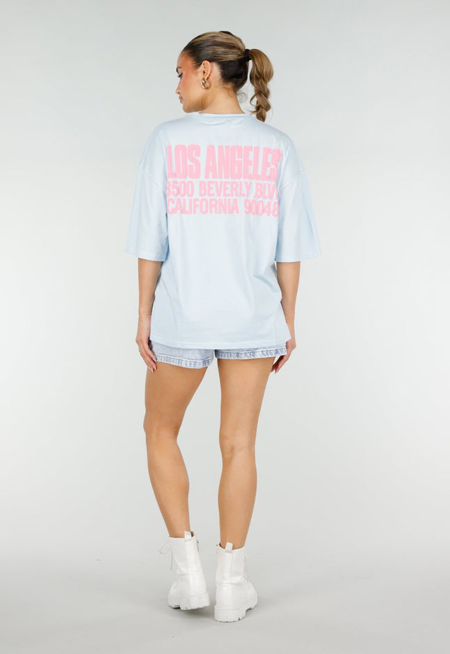 NEW290426 Lichtblauw T-shirt met Roze Print