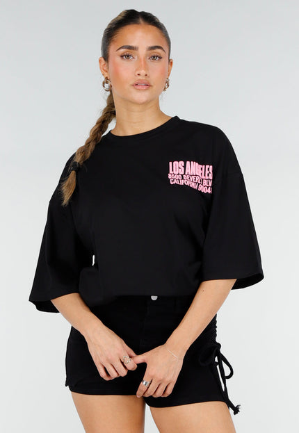 NEW290426 Zwart Oversized T-shirt met Roze Tekst
