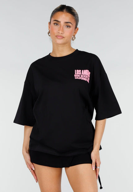 NEW290426 Zwart Oversized T-shirt met Roze Tekst