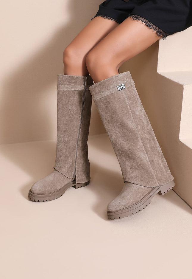 MPO99419 Beige Suède Laarzen met Overslag