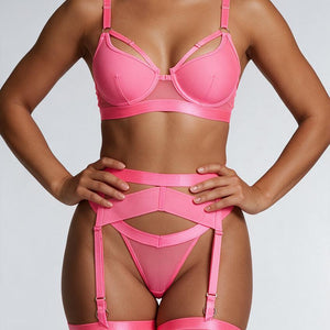 Neon Roze 5-Delig Mesh Lingerie Setje