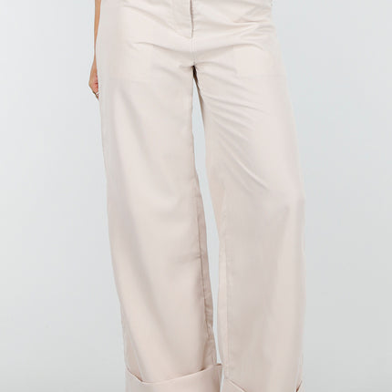 NEW010426 Beige Wide Leg Pantalon met Omslag