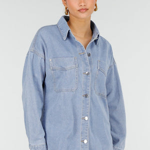 NEW010426 Blauwe Denim Blouse met Lange Mouwen