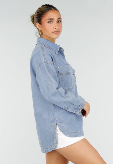 NEW010426 Blauwe Denim Blouse met Lange Mouwen