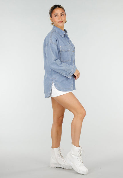 NEW010426 Blauwe Denim Blouse met Lange Mouwen