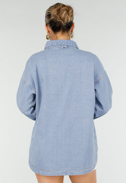 NEW010426 Blauwe Denim Blouse met Lange Mouwen