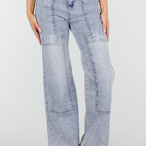 NEW010426 Blauwe Denim Petite Wide Leg Jeans met Patches