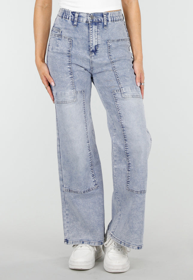 NEW010426 Blauwe Denim Petite Wide Leg Jeans met Patches