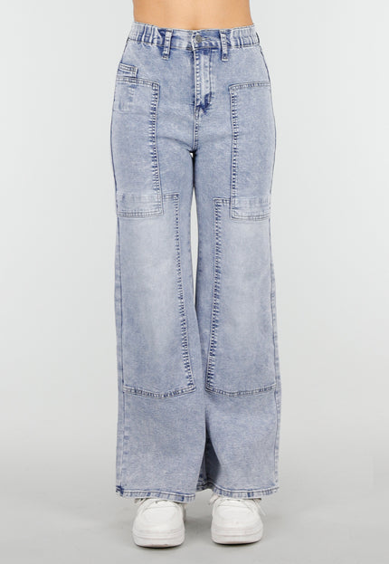 NEW010426 Blauwe Denim Petite Wide Leg Jeans met Patches