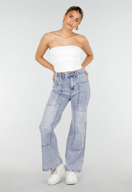 NEW010426 Blauwe Denim Petite Wide Leg Jeans met Patches