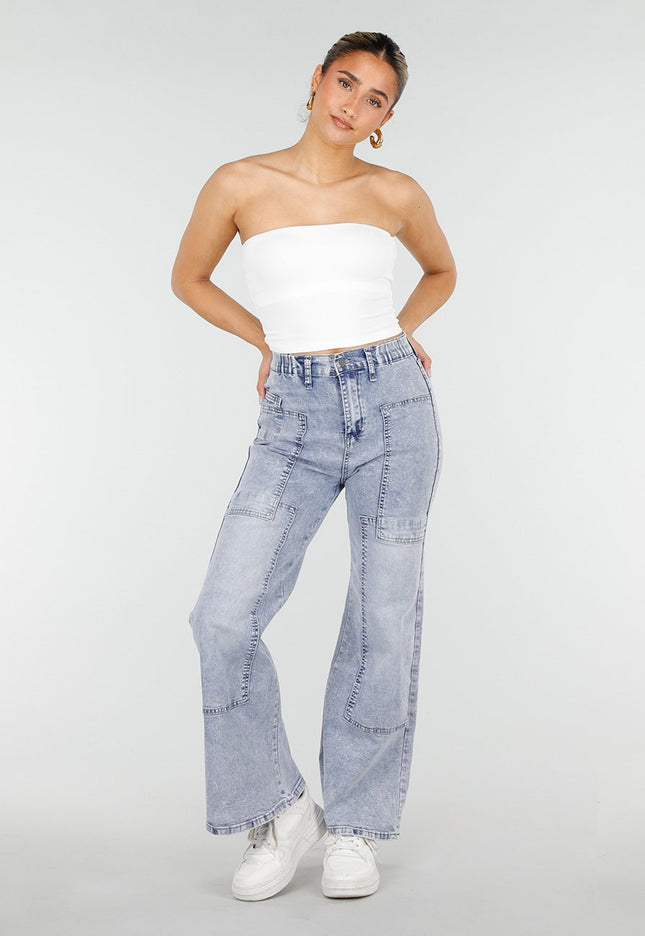 NEW010426 Blauwe Denim Petite Wide Leg Jeans met Patches