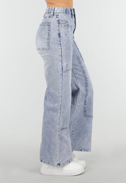 NEW010426 Blauwe Denim Petite Wide Leg Jeans met Patches