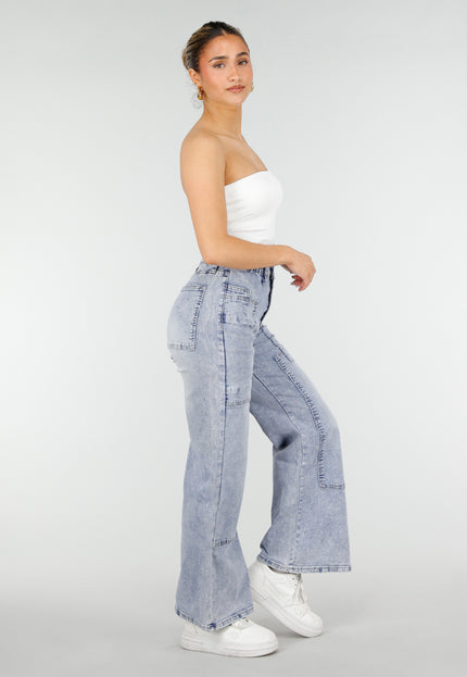 NEW010426 Blauwe Denim Petite Wide Leg Jeans met Patches