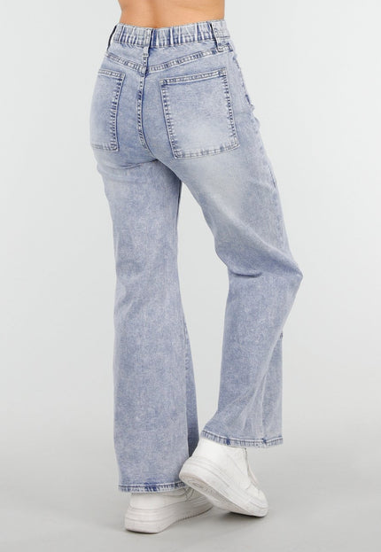 NEW010426 Blauwe Denim Petite Wide Leg Jeans met Patches