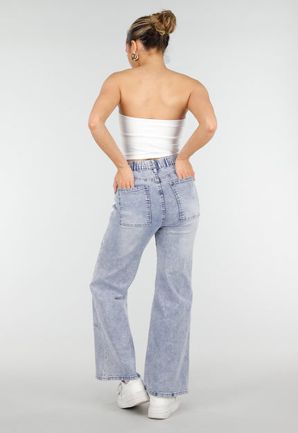 NEW010426 Blauwe Denim Petite Wide Leg Jeans met Patches