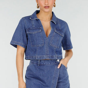 NEW010426 Blauwe Denim Set met Cropped Top en Skort