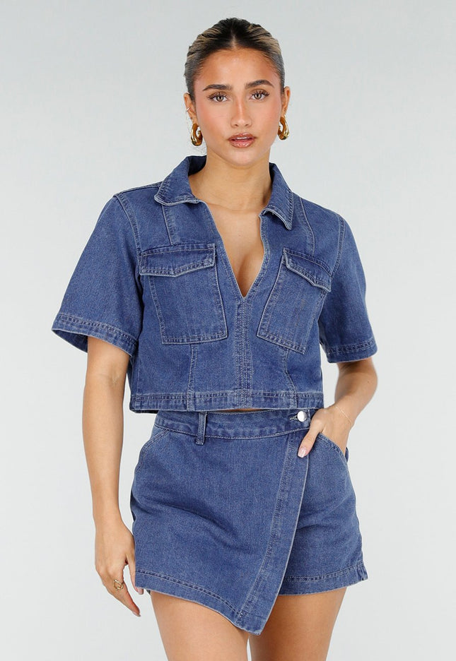 NEW010426 Blauwe Denim Set met Cropped Top en Skort