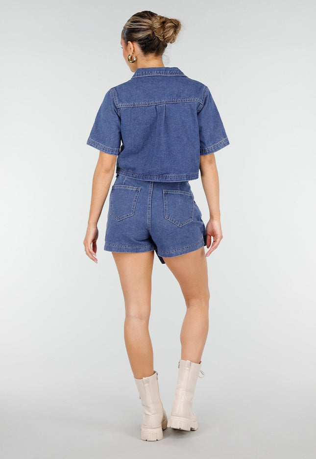 NEW010426 Blauwe Denim Set met Cropped Top en Skort