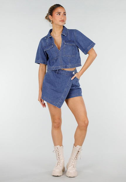 NEW010426 Blauwe Denim Set met Cropped Top en Skort