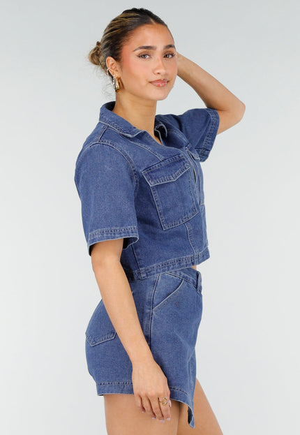 NEW010426 Blauwe Denim Set met Cropped Top en Skort