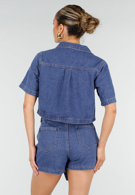 NEW010426 Blauwe Denim Set met Cropped Top en Skort
