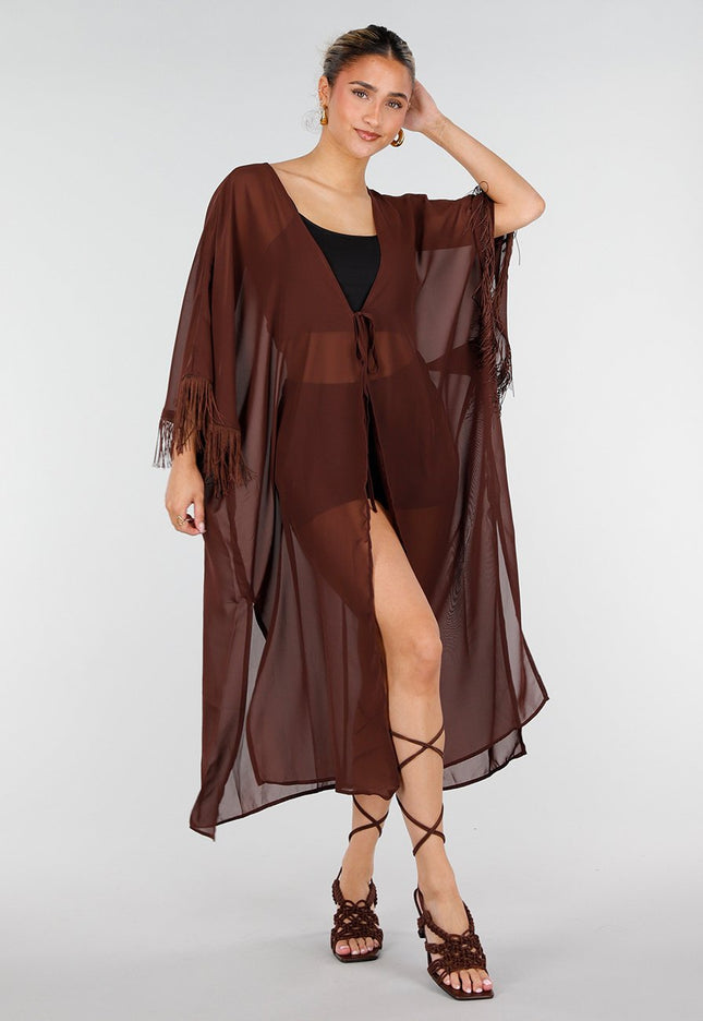 NEW010426 Bruine Kimono met Franjes