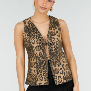 NEW010426 Bruine Leopard Print Denim Top