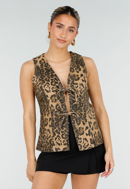NEW010426 Bruine Leopard Print Denim Top