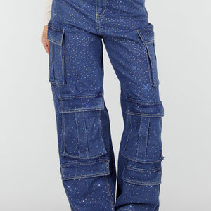 NEW010426 Denim Cargo Jeans met Strass en Wide Leg
