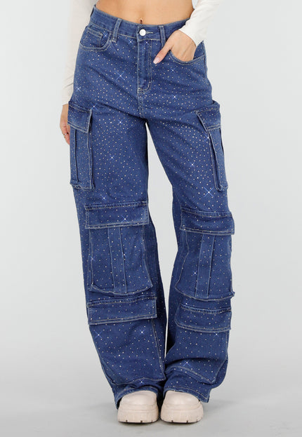 NEW010426 Denim Cargo Jeans met Strass en Wide Leg