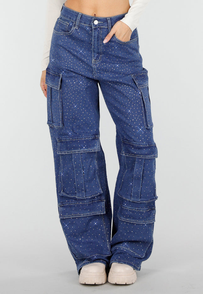 NEW010426 Denim Cargo Jeans met Strass en Wide Leg