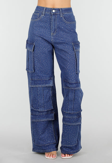 NEW010426 Denim Cargo Jeans met Strass en Wide Leg