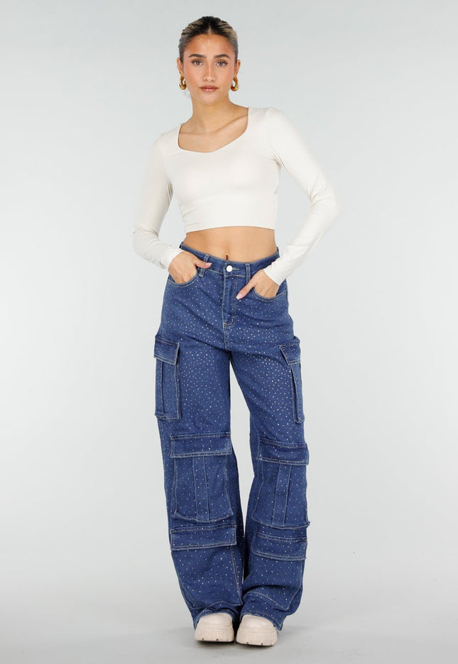 NEW010426 Denim Cargo Jeans met Strass en Wide Leg