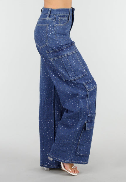 NEW010426 Denim Cargo Jeans met Strass en Wide Leg