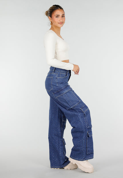 NEW010426 Denim Cargo Jeans met Strass en Wide Leg