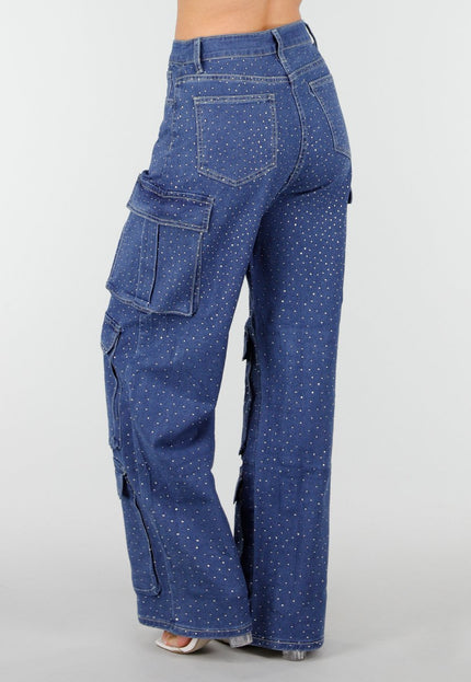 NEW010426 Denim Cargo Jeans met Strass en Wide Leg