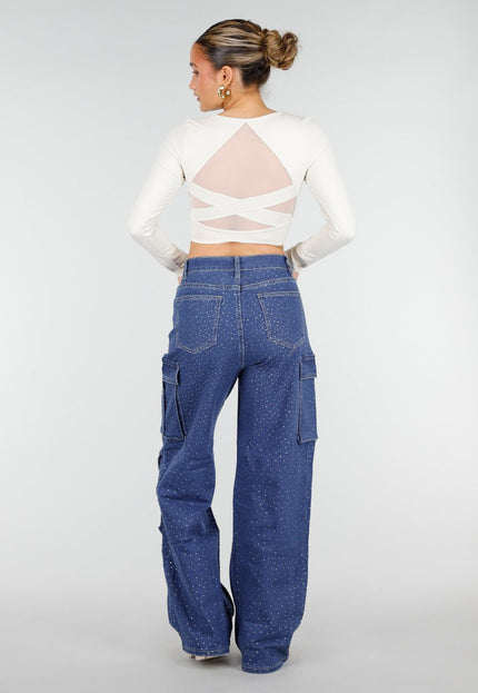 NEW010426 Denim Cargo Jeans met Strass en Wide Leg