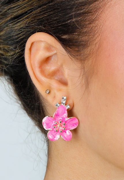 NEW010426 Gouden Oorbellen met Roze Bloem