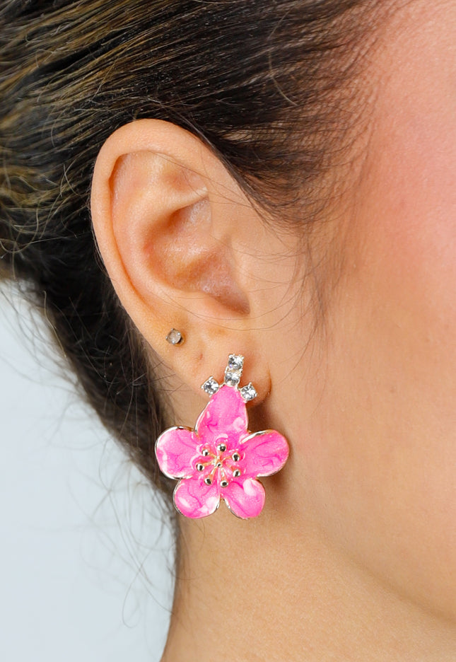 NEW010426 Gouden Oorbellen met Roze Bloem