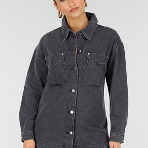 NEW010426 Grijze Denim Blouse met Drukknopen