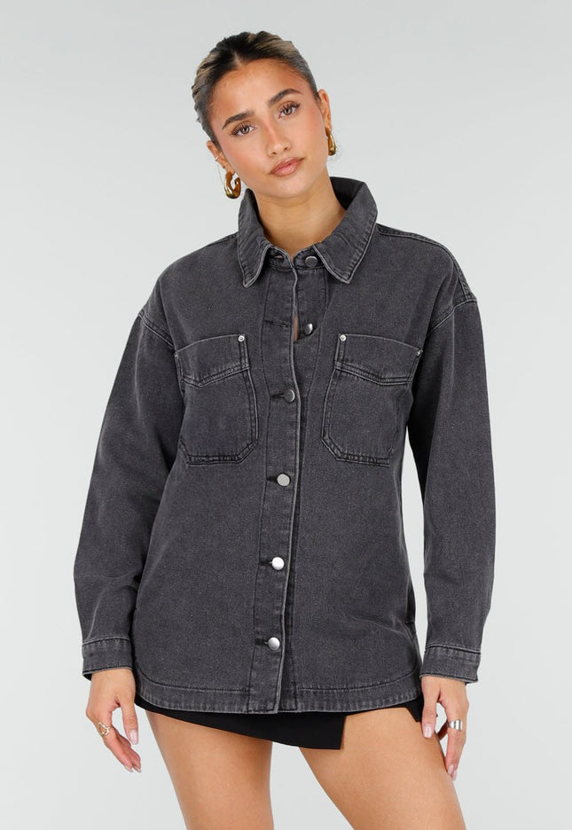 NEW010426 Grijze Denim Blouse met Drukknopen