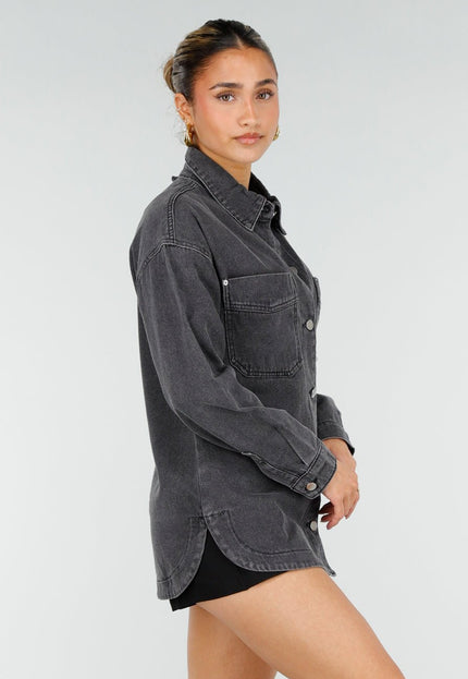 NEW010426 Grijze Denim Blouse met Drukknopen