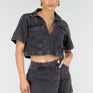 NEW010426 Grijze Denim Set met Crop Top en Skort